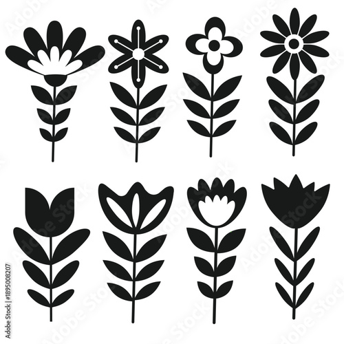 Retro 8 minimalist mid mod flowers silhouette icon set. For design elements, scrapbook and branding