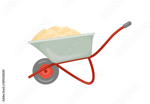 Metal wheelbarrow with pile of sand isolated on white background. Icon. Vector cartoon flat illustration