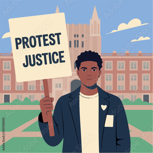 Student activist holding sign isolated on white background, Vector