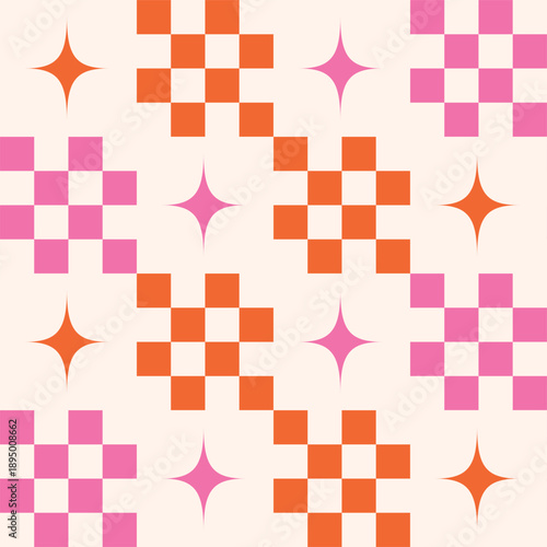 Mid Century checkered atomic starbursts with little squares seamless pattern in orange and pink. For retro backgrounds, fabric and wallpaper
