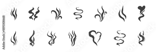 Smell steam and smoke lines icons set. Air wind and scent linear hand drawn doodle. Hot vapor, aroma, smell, waves from food sketch.