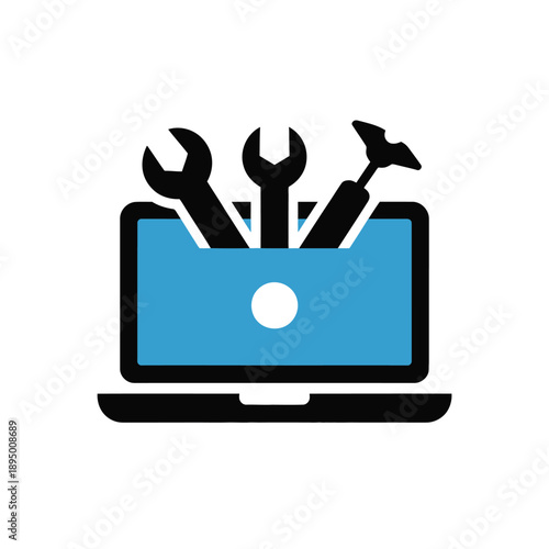 Laptop with wrenches on screen, computer repair tools, maintenance concept, technology icon