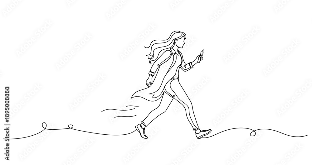 Fototapeta premium Line art of young caucasian female walking and using smartphone. Non editable stroke
