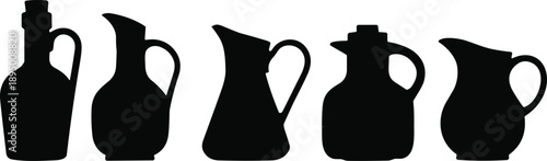 Black pitcher silhouettes and carafe shapes collection isolated on white background for olive oil branding kitchenware catalog rustic restaurant menu and Mediterranean pottery design