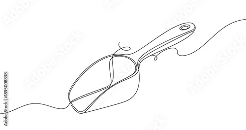 Continuous line art of a scoop with curved handle on white background. Non editable stroke