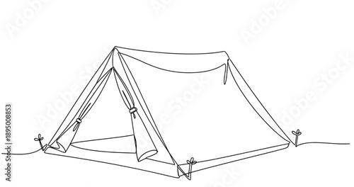 Minimalist line drawing of camping tent outline on a white background. Non editable stroke