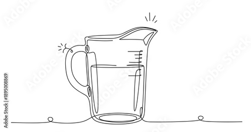 Continuous line art of a measuring cup with spout and handle. Non editable stroke