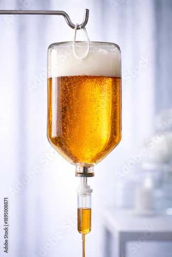 IV Infusion Bag Filled with Foamy Beer as Alcohol and Medical Metaphor Concept