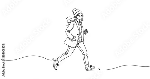 Continuous line drawing of woman running in winter fashion attire. Non editable stroke