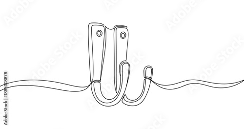 Black and white line drawing of wall hooks with a curved coat hanger. Non editable stroke