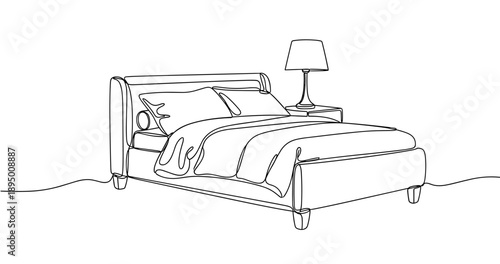 Minimalist line drawing of a bed with lamp and nightstand. Non editable stroke