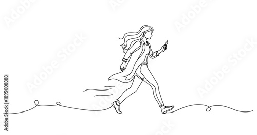 Line art of young caucasian female walking and using smartphone. Non editable stroke