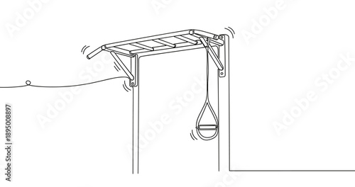 Wall-mounted chin-up bar with resistance band for home workouts. Non editable stroke