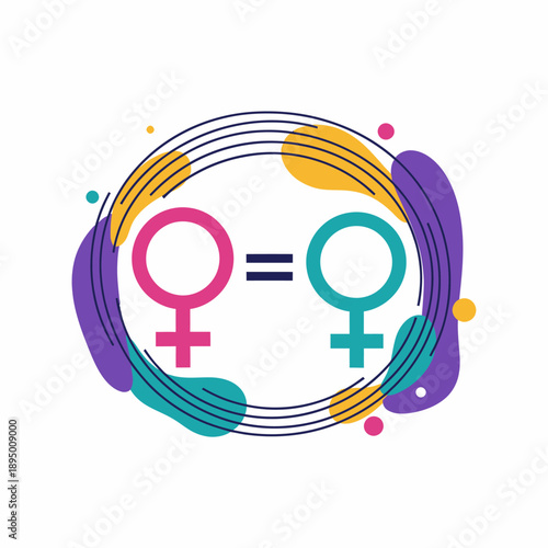 Gender equality concept with female symbols and an equals sign surrounded by colorful abstract shapes.
