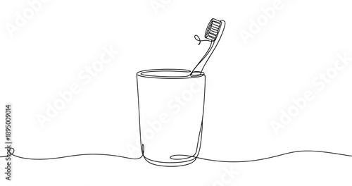 Minimalist line art: toothbrush in cup on white background. Non editable stroke