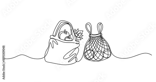 Continuous line drawing of eco-friendly shopping bags with produce. Non editable stroke