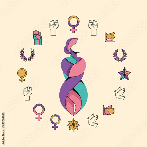 Stylized female figure made of intertwined ribbons surrounded by symbols of feminism, peace, and empowerment on a light background.
