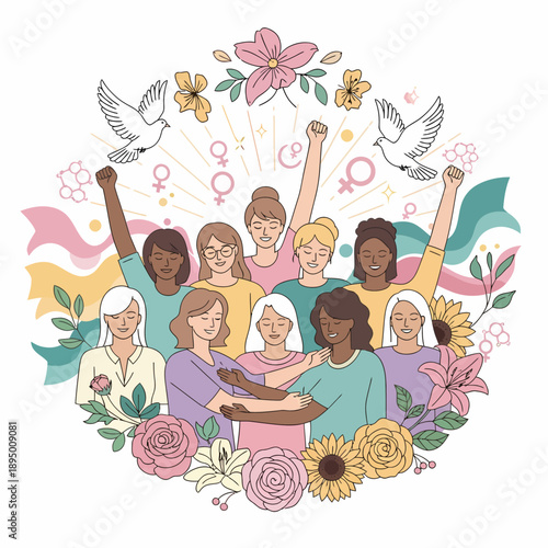 Diverse group of women celebrating empowerment and unity, surrounded by flowers, doves, and female symbols in a pastel illustration.