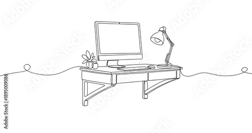 Minimalist one-line drawing of desk with computer, lamp, and plant. Non editable stroke
