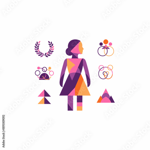 A stylized geometric illustration of a woman surrounded by various abstract symbols and shapes in vibrant purple, orange, and pink colors.