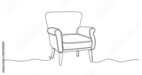 Minimalist line art of vintage armchair with elegant curved arms and cushion. Non editable stroke