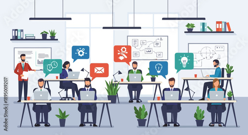 Diverse team collaborating in a modern office environment.