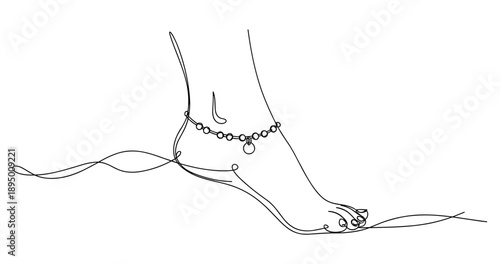Line art of female ankle and foot with jewelry on string. Non editable stroke