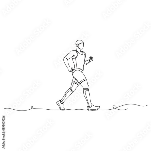 Line drawing of male athlete running with prosthetic legs. Non editable stroke