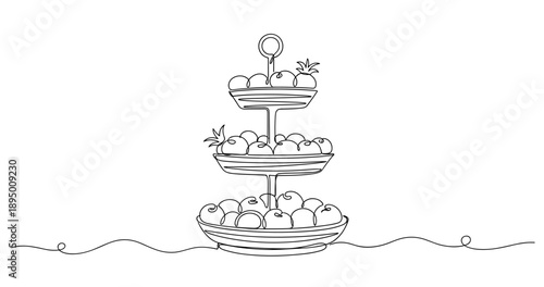 Three-tiered fruit stand with apples and strawberries in line art style. Non editable stroke