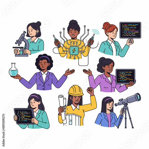 Diverse group of women pursuing careers in science, technology, engineering, and mathematics, showcasing various professional roles and fields.