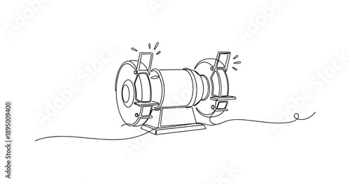 Illustration of an electric bench grinder with dual wheels and safety guards. Non editable stroke