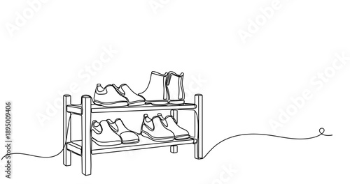 Minimalist shoe rack with casual footwear in black white outline. Non editable stroke