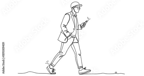 Line drawing of young caucasian male walking while looking at smartphone. Non editable stroke