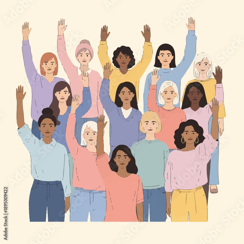 Diverse group of women raising their hands in unity and empowerment.
