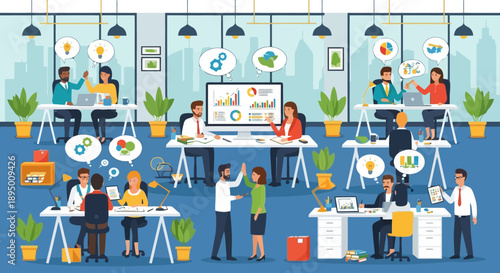 Diverse team collaborating in a modern open plan office environment.