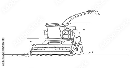 Agricultural harvester outline illustration with combine machine in field. Non editable stroke