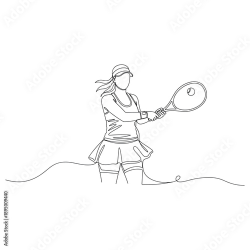 Female tennis player in action - continuous line drawing. Non editable stroke
