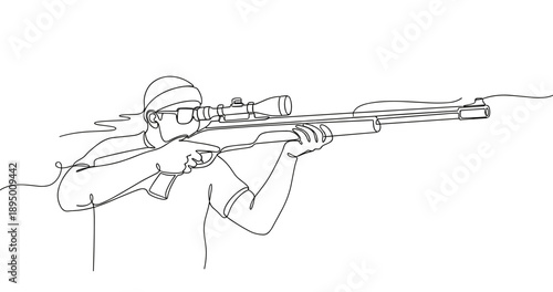 Line drawing of young caucasian male aiming rifle with scope. Non editable stroke
