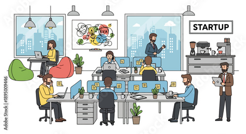 Diverse team collaborating in a modern startup office environment.