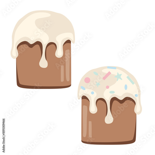 Flat vector illustration of two Easter cakes with white icing and sprinkles. Cute minimalist style, warm pastel color palette. Isolated on a white background.