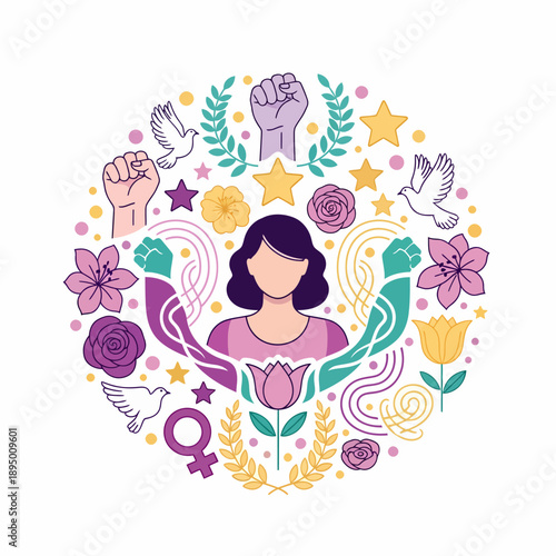 A vibrant illustration celebrating International Women's Day with a strong woman surrounded by feminist symbols, flowers, and doves.