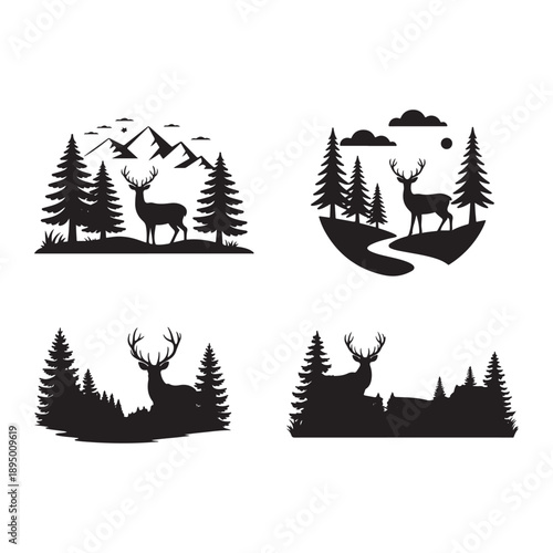 Wild Deer in Fir Tree Forest Silhouette Camping Panorama Logo Vector
