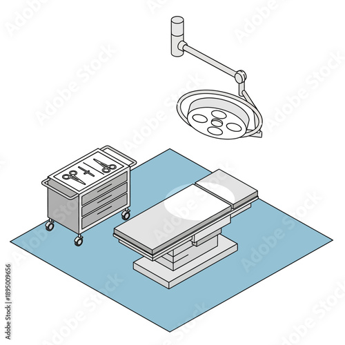 Operating Room Equipment Setup with Surgical Table and Instrument Cart.