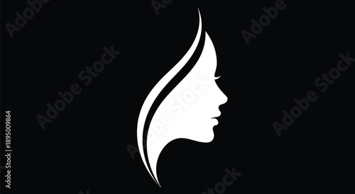 Minimalist white silhouette profile icon depicting a beautiful woman's face with flowing hair set against a stark black background representing elegance and grace.