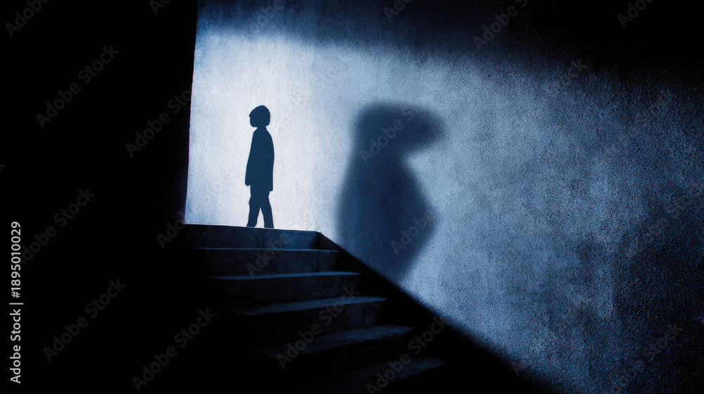 Fototapeta premium Child's silhouette walking up dark stairs with large shadow