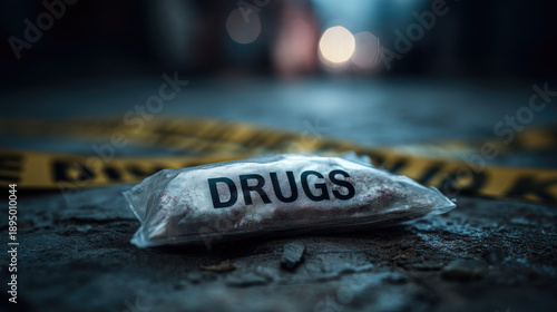 Bag of drugs marked as evidence on the ground with police tape