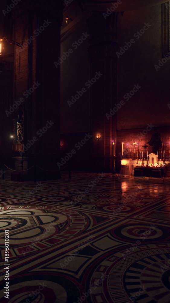 Fototapeta premium ornate mosaic floor with candlelight reflections, geometric patterns and polished marble catching warm amber glow, shallow depth highlighting texture and color,