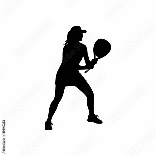 Female Padel Player Silhouette in Ready Stance Position Holding Racket with Two Hands