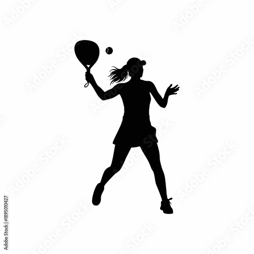 Female Padel Player Silhouette Action Pose with Racket and Ball Isolated on White Background
