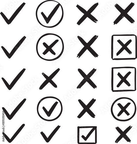 Collection of hand drawn check marks and x marks in a grid format